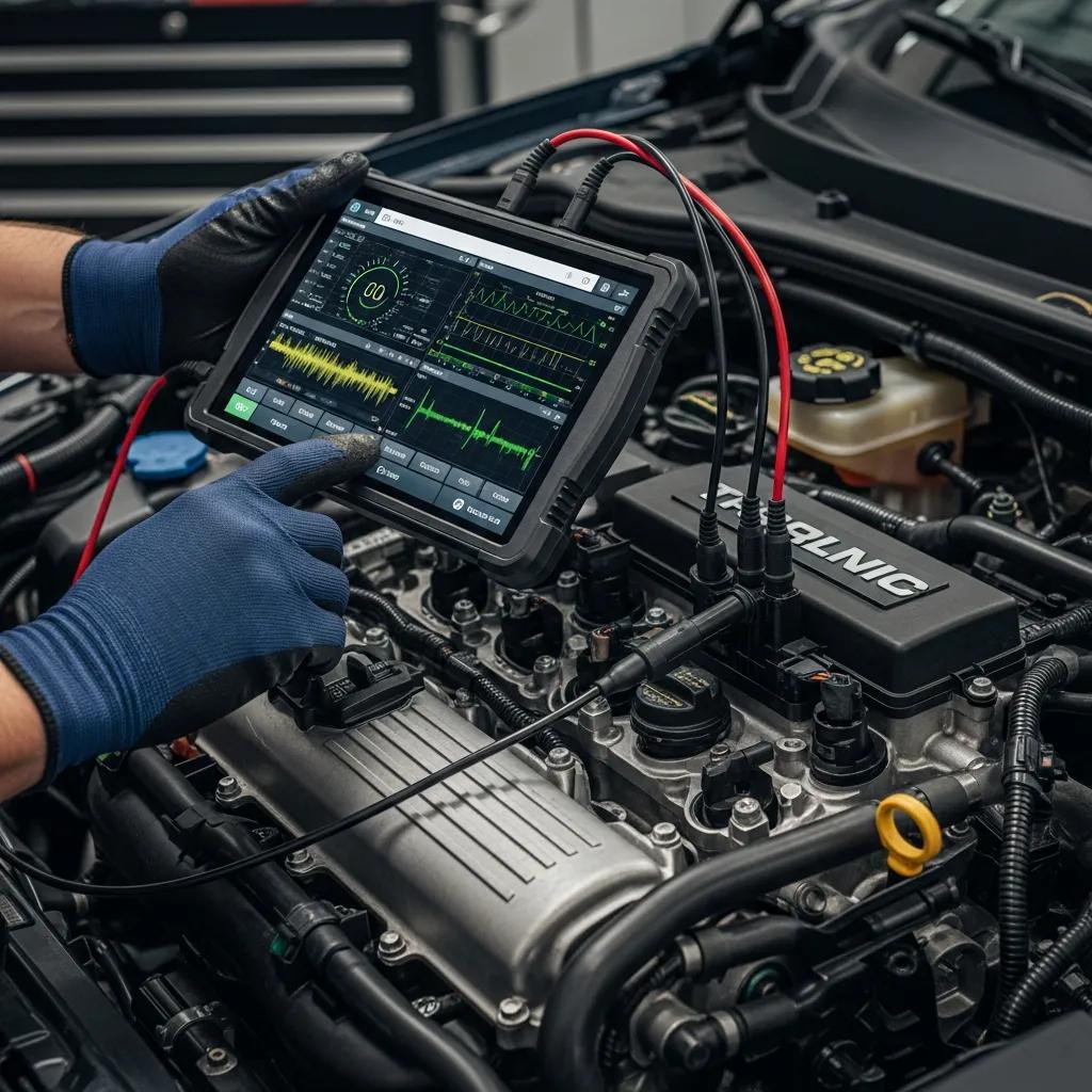 Technician using a diagnostic scan tool on an engine