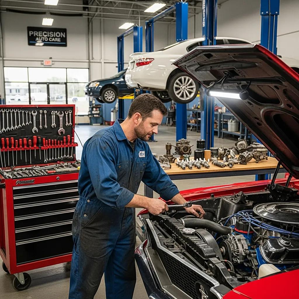 Mechanic working on a car engine in a professional auto repair shop