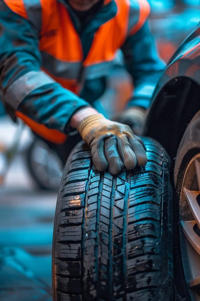 mechanic replacing a car tire