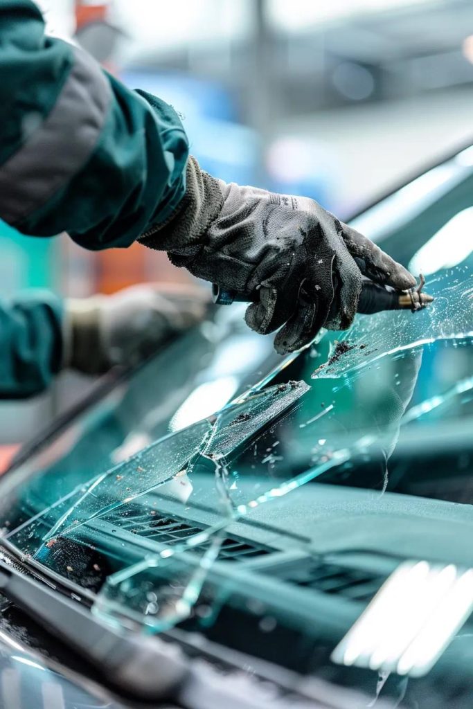 mechanic replacing windshield in car