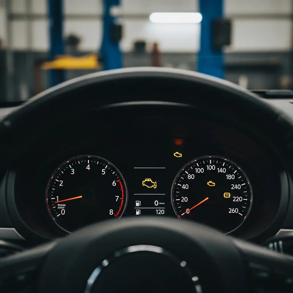Car dashboard showing a check engine light — common indicator for engine diagnostics