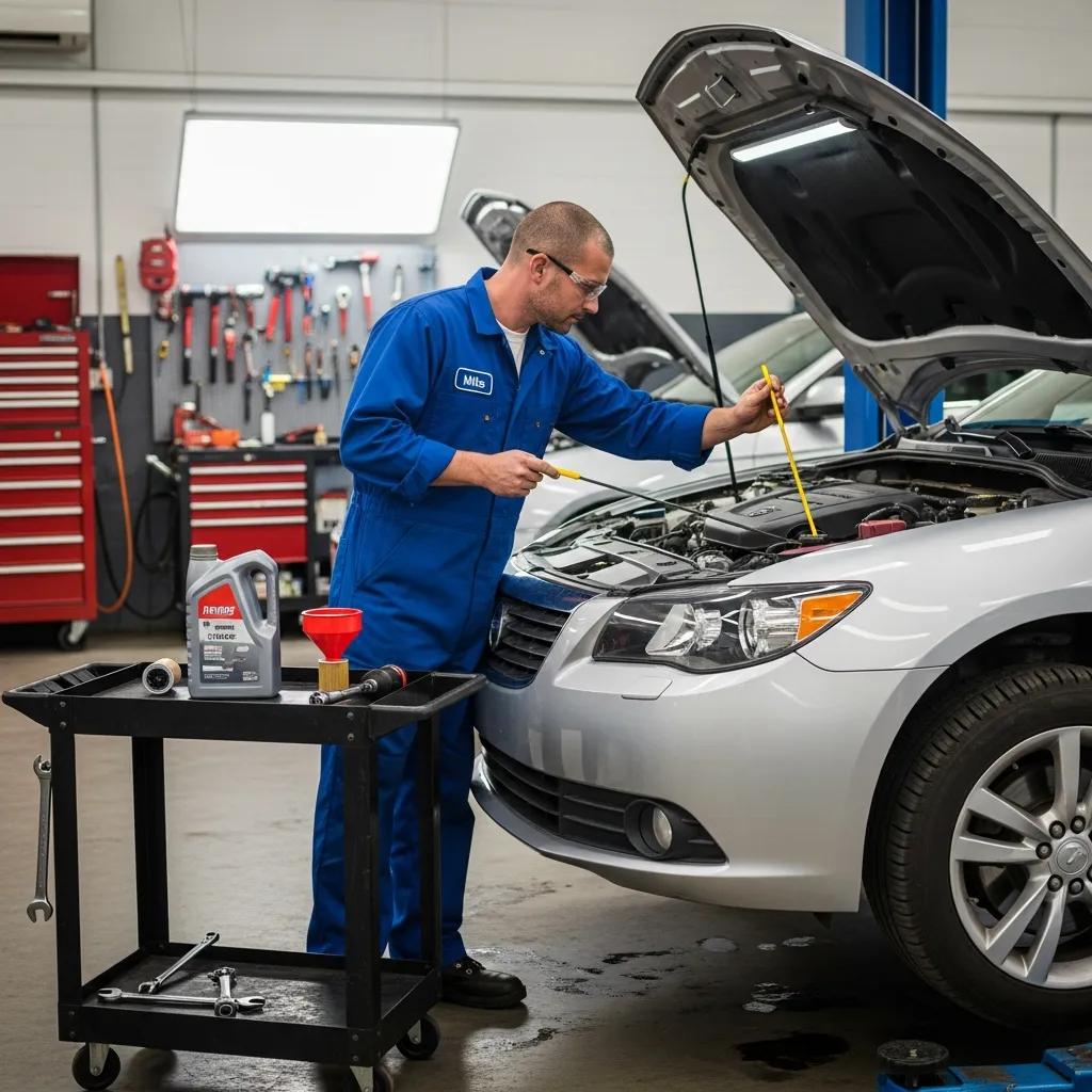 Mechanic checking engine oil in a bright auto repair shop, highlighting preventive maintenance